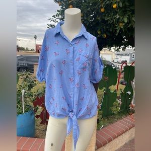 Love Notes Flamingo Graphic Tie Front Blouse LARGE
